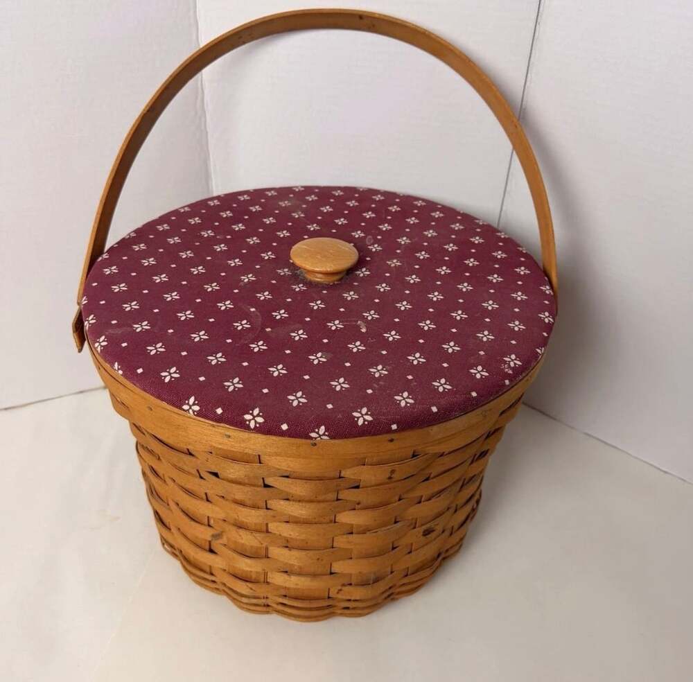 Longaberger Round Sewing Basket 1997 Red Fabric Lid Handle